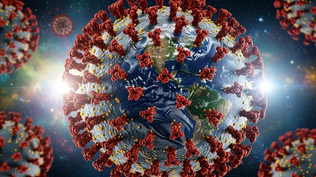 Earth is depicted amidst floating virus particles in a cosmic setting, illustrating the global impact of health crises and interconnectedness - Powered by Adobe