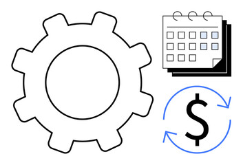 Gear symbolizing process, calendar signifying scheduling, and dollar with arrows denoting financial cycle. Ideal for business planning, workflow, project management, budget tracking, automation