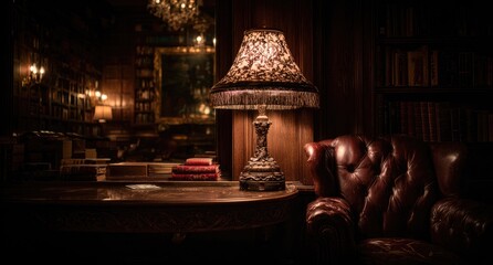 Dark, opulent library corner lit by ornate lamp