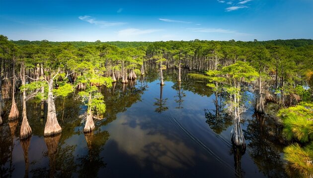 a captivating summer landscape of the okefenokee swamp with dark swampy waters reflecting the lush greenery of cypress trees