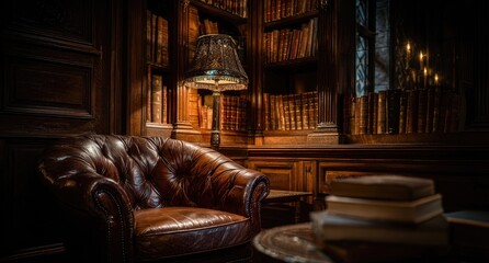 Dark, rich library corner with leather armchair and antique books