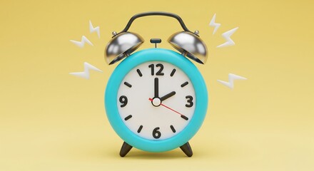 A vibrant 3D rendering of a light blue alarm clock with a white face and black numbers, ringing loudly against a soft yellow background.