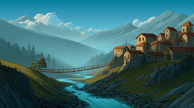 Landscape painting of mountain village with river and bridge scenic view digital art style artwork
