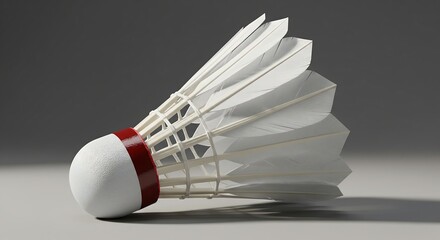 A close-up shot of a white badminton shuttlecock with a red band, resting on a surface with a soft shadow.