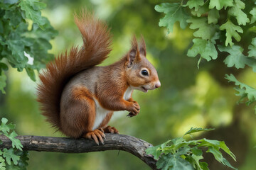 Red Squirrel Perched on Oak Branch: A Close-Up View
