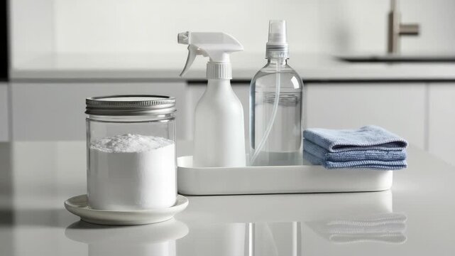 Household cleaning supplies on kitchen counter, including jars, spray bottles, and cloth