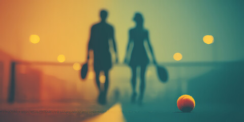Couple walking together holding tennis rackets, with a tennis ball in the foreground, during a warm sunset