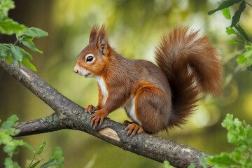 Fototapeta premium Red Squirrel on Branch: Vibrant Wildlife Photography