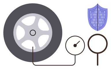 Wheel connected to pressure gauge with shield highlighting cybersecurity and information safety. Ideal for vehicle safety, technology, monitoring, cybersecurity, transportation, digital security