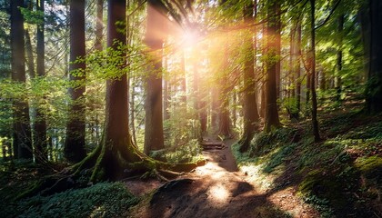 enchanted forest path with sunlight and majestic trees