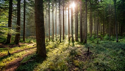 serene forest scene with sunlight filtering through tall trees