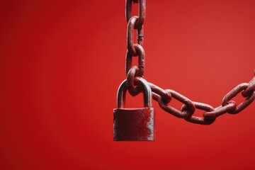 Rusty padlock and chain on a red background