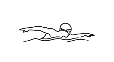 Simple line art illustration of a swimmer doing the crawl stroke in water, wearing a cap and goggles, depicted in black and white.
