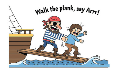 Obraz premium A cartoon pirate with an eyepatch forces a scared man to walk the plank off a ship into the ocean waves.