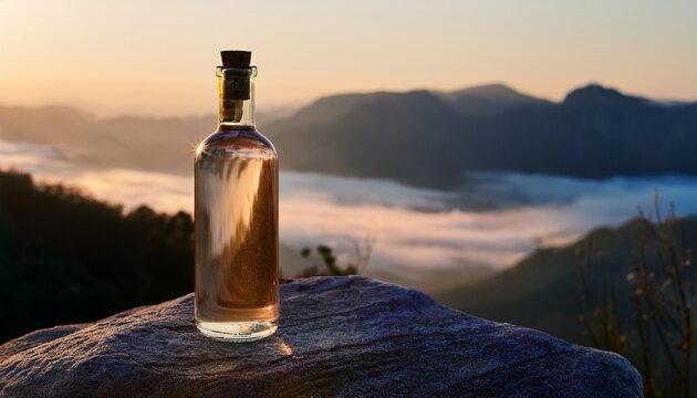elegant glass bottle with textured surface and cork lid resting on stone overlooking misty mountains at dawn