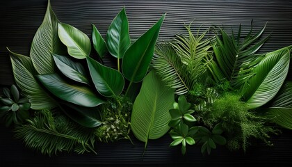 visually captivating display of diverse thriving green plants and leaves arranged in a harmonious natural composition
