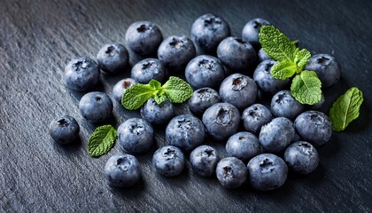 fresh blueberries with mint leaves arranged on a dark stone surface