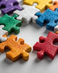 Fototapeta premium Clean corner frame of interlocking puzzle pieces on white, bright colors and clear copy space.