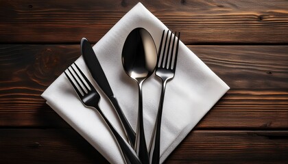elegant arrangement of dark utensils including a fork spoon and knife positioned on a white napkin on a rustic wooden table