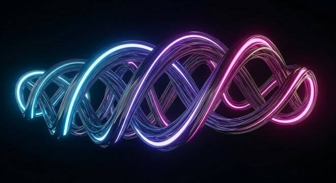 Abstract glowing intertwined neon light strands forming a complex knot or DNA-like structure against a dark background, showcasing futuristic technology and digital art.