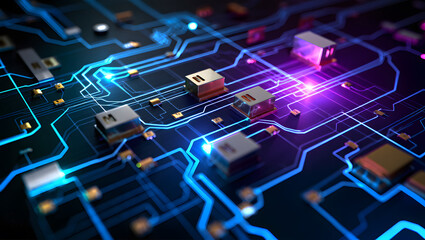 Abstract Futuristic Circuit Board: Glowing Blue and Purple Technology Background