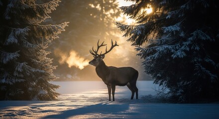 Majestic deer in snowy forest at sunrise