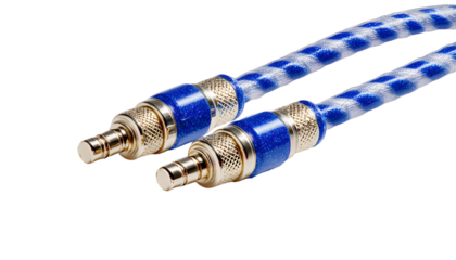 Bright Blue Audio Jack Cable Zigzagging Across WhiteBackground with Metallic Cnnectors