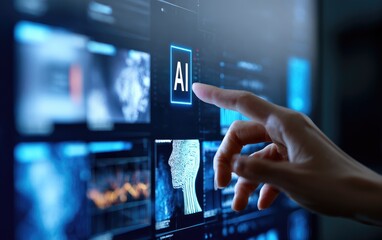 Hand interacting with AI interface on a futuristic touchscreen display