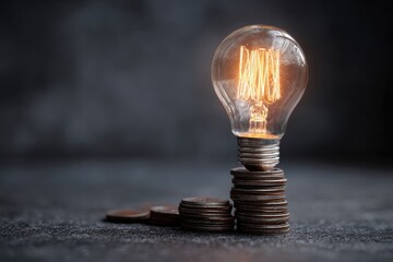 Illuminated lightbulb atop stacked coins on dark surface