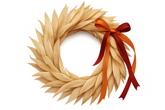 Decorative fall wreath with orange and red ribbons on transparent background