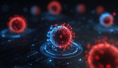 Close-up of glowing virus models on a dark, digital circuit