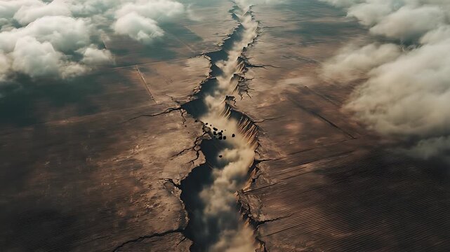 Dramatic Earth Fissure Aerial View: Vast Crack in Arid Landscape with Clouds and Dust
