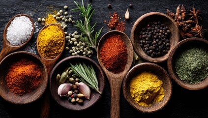 Aromatic Spices and Herbs on Dark Tabletop