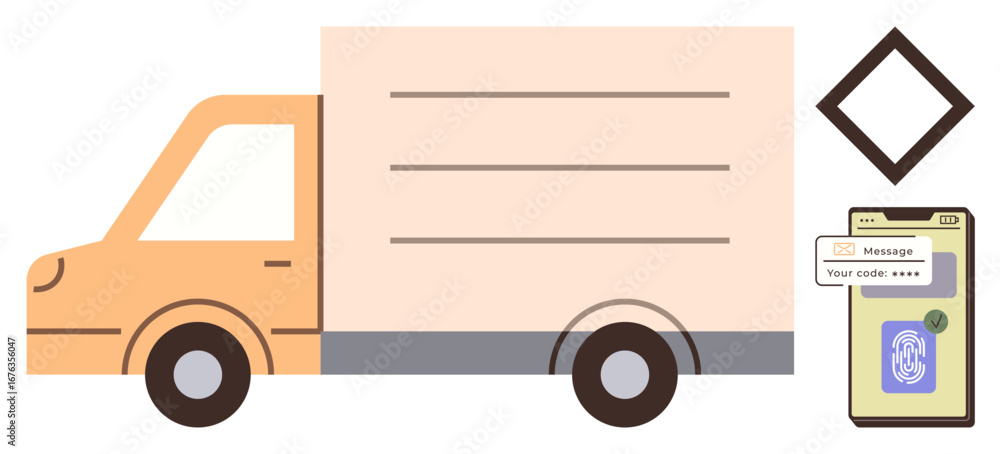 Poster delivery truck beside smartphone showing a verification code and tracker interface. ideal for logist