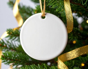 Blank , Plain ceramic circular flat tree ornament hanging on Christmas tree with gold string mock up photo