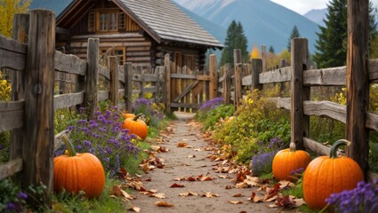 Cozy Autumn Path Lined With Pumpkins Leads To Rustic Log Cabin Among Colorful Fall Foliage
