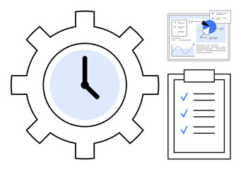 Gear-shaped clock with clipboard checklist and data analytics chart. Ideal for productivity, time tracking, project management, goal setting, business planning, data analysis, simple landing page
