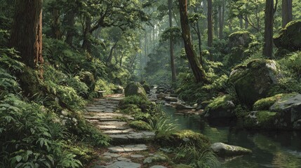 Fototapeta premium A serene, sunlit pathway winds through a lush, green forest, alongside a babbling brook, creating a tranquil and peaceful scene.
