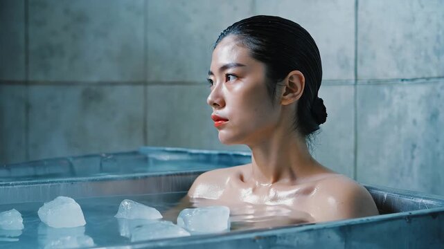 A powerful portrait of a person emerging from an ice bath, with their eyes closed and a look of intense, focused concentration