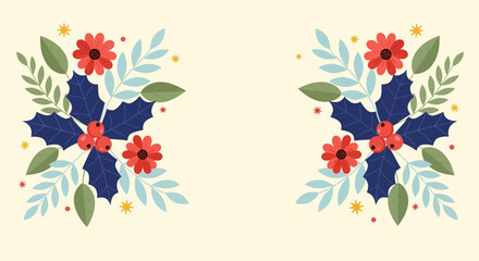 Festive Floral Arrangement with Holly Leaves and Flowers.