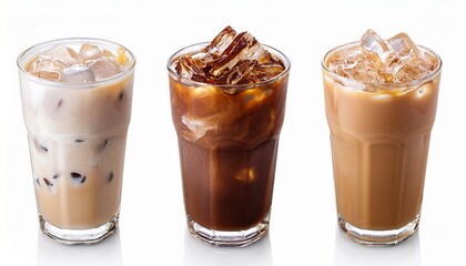 three iced coffee drinks white isolate background