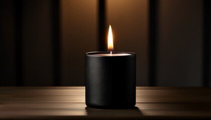 a solitary black candle emits a warm flame casting gentle shadows in a darkened setting evoking tranquility