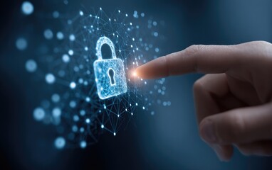 Finger touches a digital lock graphic, network connections