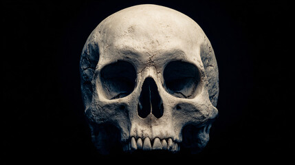 close-up of single human-style white skull with detailed bone texture on deep black background, minimalist helloween with ample blank space