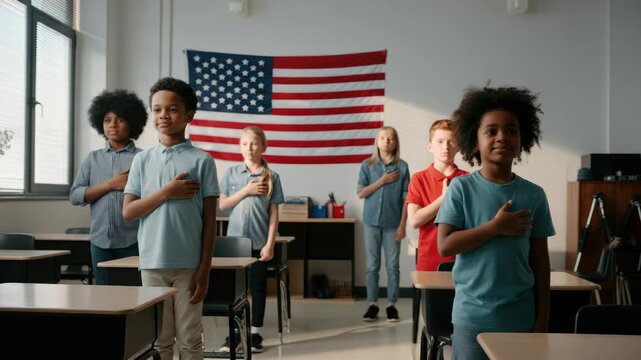Diverse children in classroom recite Pledge of Allegiance with American flag behind them