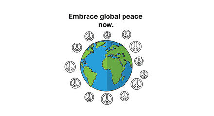An illustration of the Earth globe surrounded by peace symbols with a message to embrace global peace now.