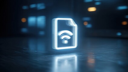 Glowing document icon with wifi symbol. Abstract background