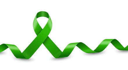 Long green ribbon on a white background. Mental health and liver cancer support symbol. Campaign emblem for charity, awareness, support, event.Template with copy space,