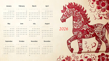 2026 horse representing chinese new year with floral design and full calendar year display