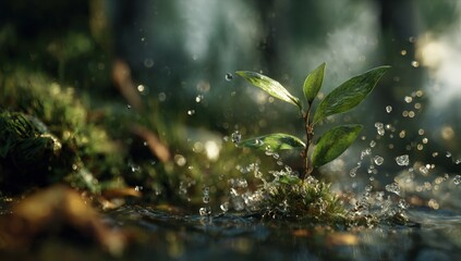 A young plant emerging from the forest floor, bathed in sunlight